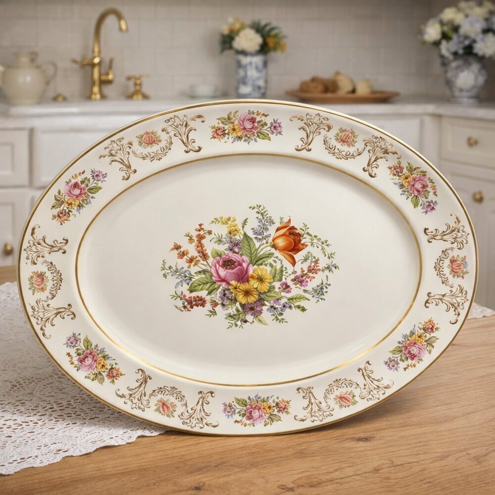 JOHNSON BROTHERS Marlborough Pareek Oval Floral Platter w Gold Trim | England